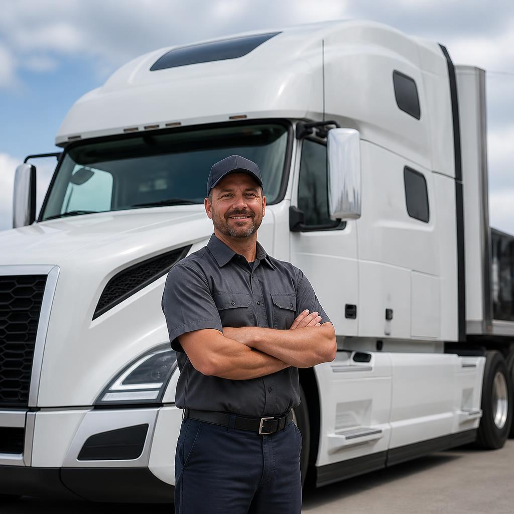 Professional CDL Class A driver standing in front of a modern truck